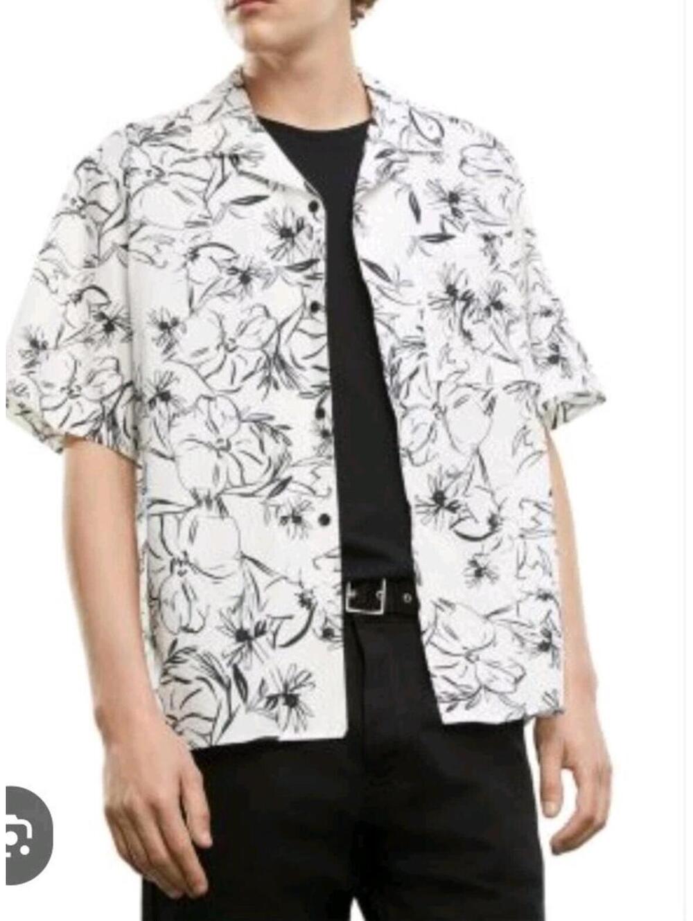 The Kooples Free Flowers Men's Shirt Size L Black White Short Slv NWT $ 188 #WM1